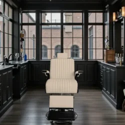 Fauteuil barbier Premium New School beige - Fauteuil barbier dossier massant - chaise barbier dossier massant - mobilier de barbier professionnel - Fauteuil barbier haut de gamme - johnbarbersons - john barber - fauteuil barbier massant - chaise barbier massant