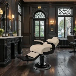 Fauteuil barbier Premium New School beige - Fauteuil barbier dossier massant - chaise barbier dossier massant - mobilier de barbier professionnel - Fauteuil barbier haut de gamme - johnbarbersons - john barber - fauteuil barbier massant - chaise barbier massant