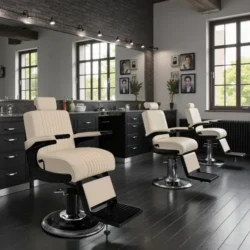 Fauteuil barbier Premium New School beige - Fauteuil barbier dossier massant - chaise barbier dossier massant - mobilier de barbier professionnel - Fauteuil barbier haut de gamme - johnbarbersons - john barber - fauteuil barbier massant - chaise barbier massant