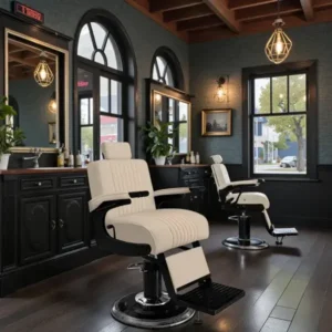 Fauteuil barbier Premium New School beige - Fauteuil barbier dossier massant - chaise barbier dossier massant - mobilier de barbier professionnel - Fauteuil barbier haut de gamme - johnbarbersons - john barber - fauteuil barbier massant - chaise barbier massant