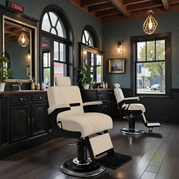 Fauteuil barbier Premium New School beige - Fauteuil barbier dossier massant - chaise barbier dossier massant - mobilier de barbier professionnel - Fauteuil barbier haut de gamme - johnbarbersons - john barber - fauteuil barbier massant - chaise barbier massant