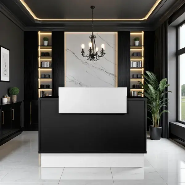 Comptoir Caisse Thierry 9822 -Meuble de réception Thierry 9822 -comptoir d'accueil Thierry - mobilier de coiffure professionnel - comptoir caisse salon de coiffure - comptoir caisse blanche - meuble de réception