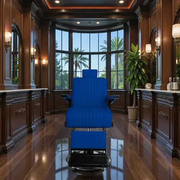 Fauteuil barbier Premium New School Bleu - Fauteuil barbier dossier massant - chaise barbier dossier massant - mobilier de barbier professionnel - Fauteuil barbier haut de gamme - johnbarbersons - john barber - fauteuil barbier massant - chaise barbier massant