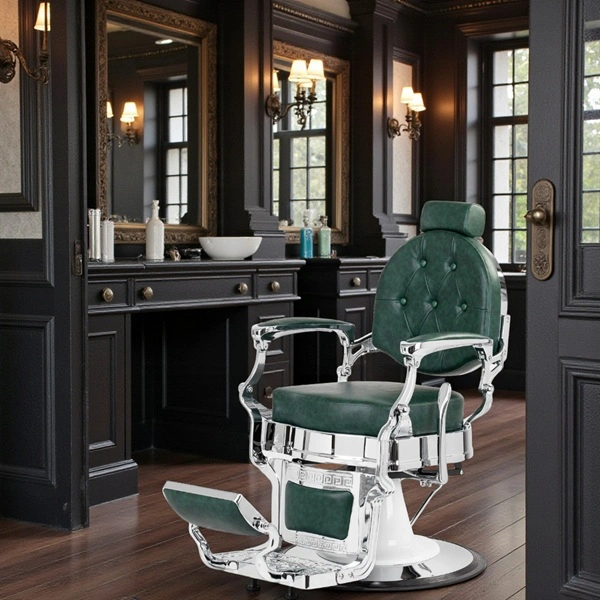 Fauteuil de Barbier Wolf vert silver - Fauteuil Barbier Wolf vert silver - Chaise Barbier Wolf vert silver - Fauteuil de coiffure barbier Wolf vert silver - mobilier de coiffure haut de gamme - barbershop - barber
