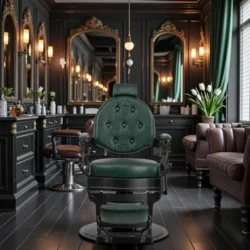 Fauteuil de Barbier Wolf vert noir - Fauteuil Barbier Wolf vert noir - Chaise Barbier Wolf vert noir - Fauteuil de coiffure barbier Wolf vert noir - mobilier de coiffure haut de gamme - barbershop - barber