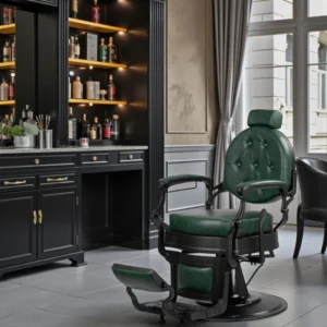 Fauteuil de Barbier Wolf vert noir - Fauteuil Barbier Wolf vert noir - Chaise Barbier Wolf vert noir - Fauteuil de coiffure barbier Wolf vert noir - mobilier de coiffure haut de gamme - barbershop - barber