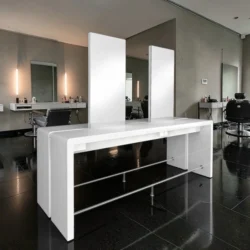 Reflection II centrale (2) Coiffeuse centrale 24 places REFLECTION II - poste de coiffage centrale REFLECTION II - poste de coiffage pour salon de coiffure - mobilier de coiffure professionnel - meuble pour pour salon de coiffure - coiffeuse double