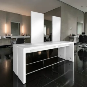 Coiffeuse centrale 24 places REFLECTION II - poste de coiffage centrale REFLECTION II - poste de coiffage pour salon de coiffure - mobilier de coiffure professionnel - meuble pour pour salon de coiffure - coiffeuse double