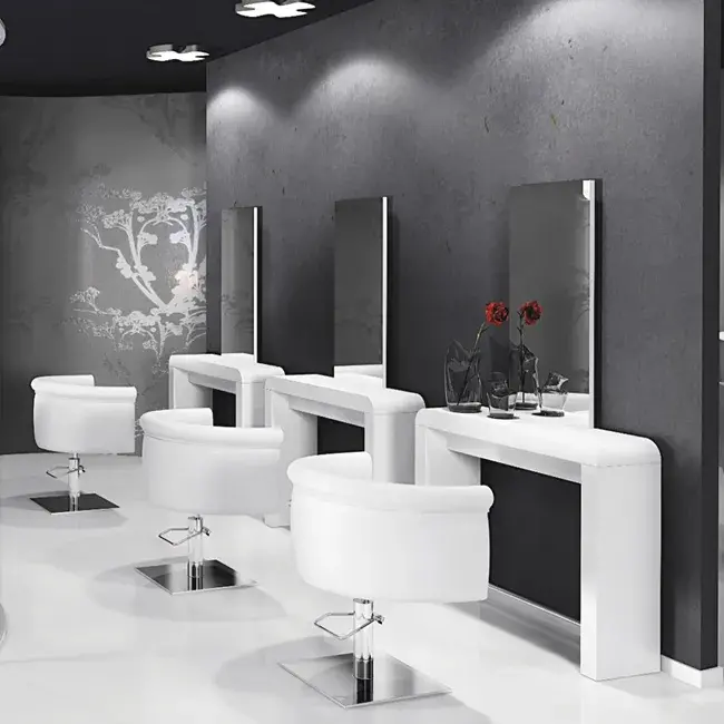 coiffeuse murale - mobilier salon de coiffure - coiffeuse professionnelle - miroir coiffeuse - meuble coiffure sur mesure - coiffeur design - station de coiffure - coiffeuse led - coiffeuse avec prises - repose-pieds coiffure - miroir rond coiffure - miroir rectangulaire - salon design - aménagement salon - mobilier professionnel