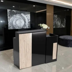 Chêne foncé double Comptoir d'accueil Fiora- comptoir caisse Fiora - Meuble de réception Fiora - meuble de réception salon de coiffure - mobilier de coiffure professionnel - meuble d'accueil salon de coiffure -
