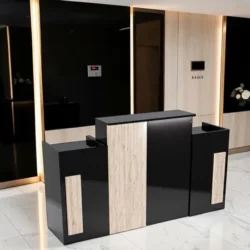 Chêne foncé triple Comptoir d'accueil Fiora- comptoir caisse Fiora - Meuble de réception Fiora - meuble de réception salon de coiffure - mobilier de coiffure professionnel - meuble d'accueil salon de coiffure -