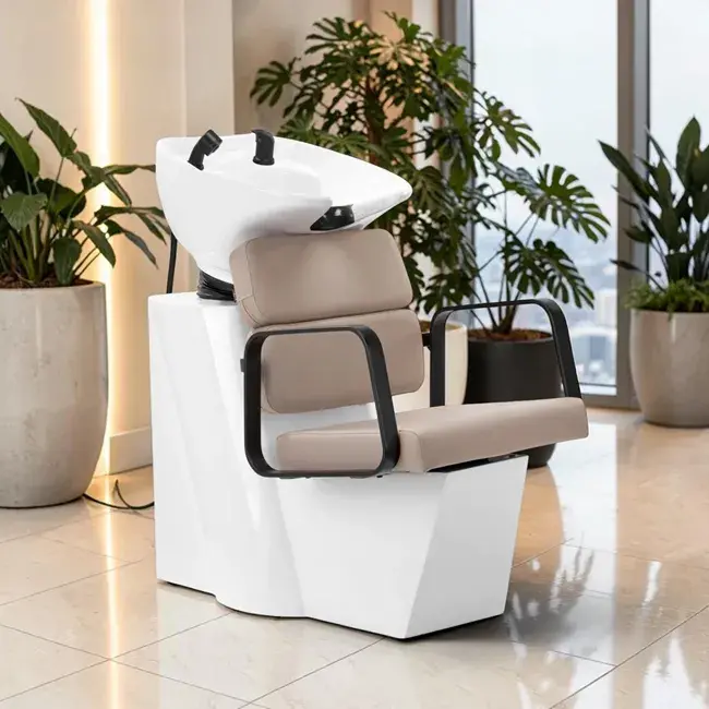 Bac à shampooing professionnel - Bac de lavage coiffure - Meuble pour salon de coiffure - Mobilier de coiffure design - Fauteuil de lavage ergonomique - Mobilier de coiffure haut de gamme - meuble pour salon de coiffure - Bac à shampoing doré et noir - Équipement de coiffure professionnel