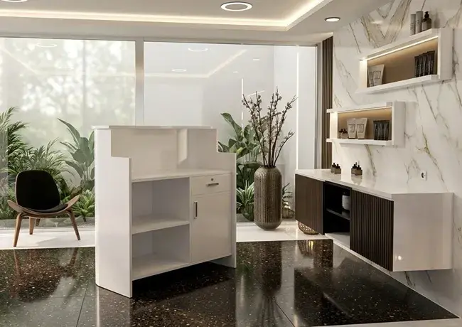 Comptoir d'accueil LUXORIA LINE - comptoir caisse LUXORIA LINE - Meuble de réception LUXORIA LINE - meuble de réception salon de coiffure - mobilier de coiffure professionnel - meuble d'accueil salon de coiffure - groupe coiff - mobicoiff - malys