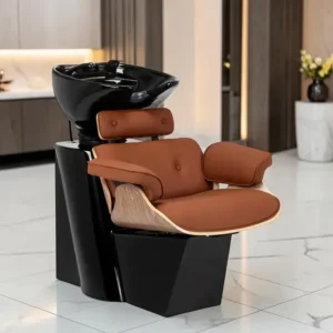 Bac à Shampooing Florence Marron BC (1) Bac à shampooing professionnel - Bac de lavage coiffure - Meuble pour salon de coiffure - Mobilier de coiffure design - Fauteuil de lavage ergonomique - Mobilier de coiffure haut de gamme - meuble pour salon de coiffure - Bac à shampoing doré et noir - Équipement de coiffure professionnel