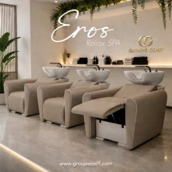 EROS RELA SPA (3) Bac à shampooing professionnel - Bac de lavage coiffure - Meuble pour salon de coiffure - Mobilier de coiffure design - Fauteuil de lavage ergonomique - Mobilier de coiffure haut de gamme - meuble pour salon de coiffure - Bac à shampoing doré et noir - Équipement de coiffure professionnel