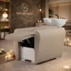 Bac à shampooing professionnel - Bac de lavage coiffure - Meuble pour salon de coiffure - Mobilier de coiffure design - Fauteuil de lavage ergonomique - Mobilier de coiffure haut de gamme - meuble pour salon de coiffure - Bac à shampoing doré et noir - Équipement de coiffure professionnel