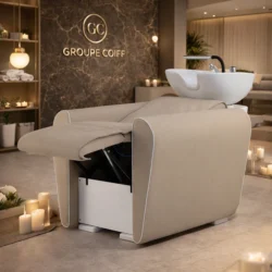 EROS RELA SPA (9) Bac à shampooing professionnel - Bac de lavage coiffure - Meuble pour salon de coiffure - Mobilier de coiffure design - Fauteuil de lavage ergonomique - Mobilier de coiffure haut de gamme - meuble pour salon de coiffure - Bac à shampoing doré et noir - Équipement de coiffure professionnel