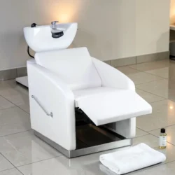 Bac à shampooing professionnel - Bac de lavage coiffure - Meuble pour salon de coiffure - Mobilier de coiffure design - Fauteuil de lavage ergonomique - Mobilier de coiffure haut de gamme - meuble pour salon de coiffure - Bac à shampoing doré et noir - Équipement de coiffure professionnel