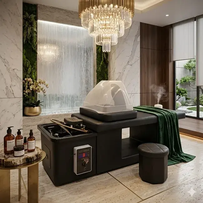table head spa japonais - lit de massage capillaire - bac de lavage japonais - mobilier de coiffure professionnel - équipement head spa luxe - table de soin hydrothérapie crânienne - bac à shampoing massant - lit spa avec chromothérapie - matériel bien-être salon de coiffure - table de massage cuir chevelu