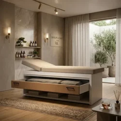 Table de Massage Majestia Luxe (1) table de massage professionnelle _ lit de massage luxe _ mobilier esthétique haut de gamme _ équipement spa professionnel _ table de soin avec rangement _ table esthétique fixe _ mobilier centre de bien être _ lit de massage en bois _ table de massage haut de gamme _ équipement cabine de soin