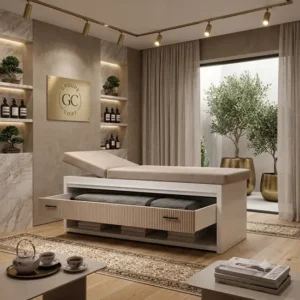 table de massage professionnelle _ lit de massage luxe _ mobilier esthétique haut de gamme _ équipement spa professionnel _ table de soin avec rangement _ table esthétique fixe _ mobilier centre de bien être _ lit de massage en bois _ table de massage haut de gamme _ équipement cabine de soin