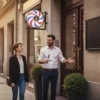 enseigne barbier lumineuse – barber pole LED rotatif – enseigne salon de coiffure homme – signalétique barber shop design – enseigne extérieure étanche IP44 – éclairage façade professionnel – enseigne ronde premium – enseigne barbershop moderne – enseigne murale haute visibilité – enseigne VORTEX groupecoiff