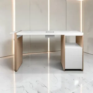 Professional manicure table - Professional nail table - Beauty and nail furniture - Manicure table with vacuum - Manicure table with integrated vacuum - Professional nail bar furniture - Wooden and white manicure table - Modular manicure station - Nail desk with storage - Professional nail technician equipment - Beauty salon outfitting - High-end manicure furniture