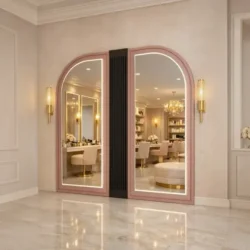 LUMIRA Double Hairdressing Mirror (1) Hairstyling mirror - professional hairdressing furniture - high-end styling station - hairdressing salon equipment - LED haircare mirror - double salon vanity - luxury hairdressing supplies - hairdressing salon layout - backlit styling station