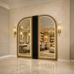 Double LUMIRA Hairdressing Mirror (3) Hairstyling mirror - professional hairdressing furniture - high-end styling station - hairdressing salon equipment - LED haircare mirror - double salon vanity - luxury hairdressing supplies - hairdressing salon layout - backlit styling station