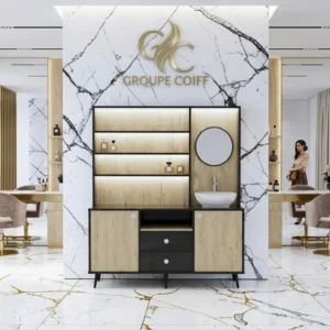 NOVA L NCC (01) laboratoire de coiffure - mobilier de coiffure professionnel - meuble vasque salon - poste technique coiffure - meuble laboratoire coiffure - station de préparation coloration - meuble rangement salon de coiffure - équipement salon de coiffure - agencement salon de coiffure - meuble de service coiffure