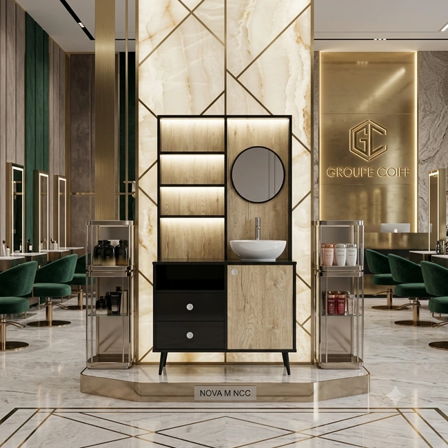 laboratoire de coiffure - mobilier de coiffure professionnel - meuble vasque salon - poste technique coiffure - meuble laboratoire coiffure - station de préparation coloration - meuble rangement salon de coiffure - équipement salon de coiffure - agencement salon de coiffure - meuble de service coiffure