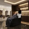 Bac à shampooing professionnel - Bac de lavage coiffure - Meuble pour salon de coiffure - Mobilier de coiffure design - Fauteuil de lavage ergonomique - Mobilier de coiffure haut de gamme - meuble pour salon de coiffure - Bac à shampoing doré et noir - Équipement de coiffure professionnel