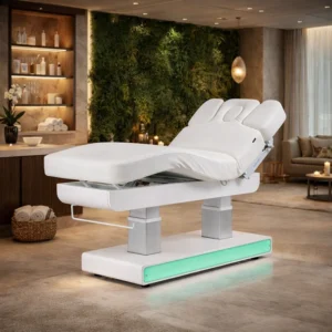 Table de Massage Muse+ (1) table de massage électrique – table esthétique 4 moteurs – table de spa chauffante – mobilier esthétique haut de gamme – table de soins professionnelle – lit de massage motorisé – table spa LED – table esthétique PU blanc – équipement spa professionnel – table de massage premium