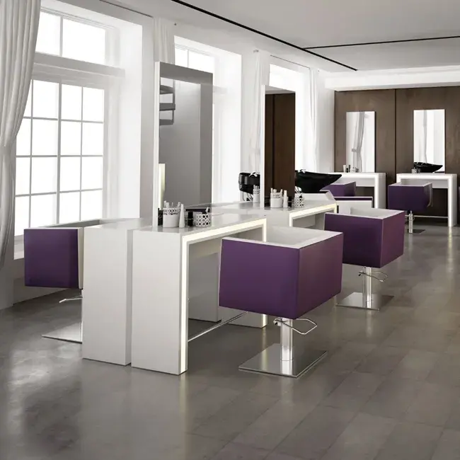 coiffeuse centrale -coiffeuse murale - mobilier salon de coiffure - coiffeuse professionnelle - miroir coiffeuse - meuble coiffure sur mesure - coiffeur design - station de coiffure - coiffeuse led - coiffeuse avec prises - repose-pieds coiffure - miroir rond coiffure - miroir rectangulaire - salon design - aménagement salon - mobilier professionnel