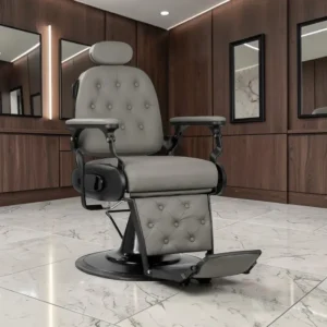 Francesco Gris Barber Chair (1) professional barber chair – vintage barber chair – adjustable barber chair – high-end barbershop furniture – industrial barber chair – M2 faux leather barber chair – reclining backrest barber chair – chrome base barber chair – client comfort barber chair – designer barber furniture – aluminum armrest barber chair – adjustable headrest barber chair – retro barber chair – sturdy barber chair – ergonomic barber chair – premium barbershop furniture – black leather barber chair – hydraulic adjustment barber chair – stable barber chair – trendy barber furniture