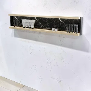 présentoir de produit pour salon esthétique - étagère murale lumineuse pour institut - mobilier professionnel pour esthéticienne - étagère de rangement cosmétique - présentoir mural design - meuble d'exposition pour salon de beauté