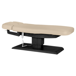 Sillon Relax Beige Bois Noir (5) Sillon Relax care table – electric SPA table – light wood massage table – ergonomic care bed – professional aesthetic table – adjustable spa table – segmented SPA mattress – electric spa table – high-end wellness furniture – stable spa table – premium aesthetic table – tiltable care bed – modern spa table – aesthetic salon equipment – comfortable massage table