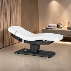 Sillon Relax White Wood Black (1) Sillon Relax care table – electric SPA table – light wood massage table – ergonomic care bed – professional aesthetic table – adjustable spa table – segmented SPA mattress – electric spa table – high-end wellness furniture – stable spa table – premium aesthetic table – tiltable care bed – modern spa table – aesthetic salon equipment – comfortable massage table