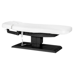 Sillon Relax Blanc Bois Noir (5) Sillon Relax care table – electric SPA table – light wood massage table – ergonomic care bed – professional aesthetic table – adjustable spa table – segmented SPA mattress – electric spa table – high-end wellness furniture – stable spa table – premium aesthetic table – tiltable care bed – modern spa table – aesthetic salon equipment – comfortable massage table